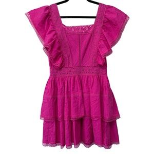 NWT C&V Small Tiered Fuchsia Hot Pink Frilly Mini Dress with Low Back and Lace